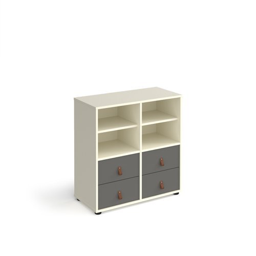 Universal cube storage unit 875mm high on glides with 2 matching shelves and 2 sets of drawers - white with grey inserts - CUBE-BUNDLE-3-WH-OG