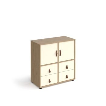 Universal cube storage unit 875mm high on glides with 2 cupboards and 2 sets of drawers - oak with white inserts - CUBE-BUNDLE-4-KO-WH