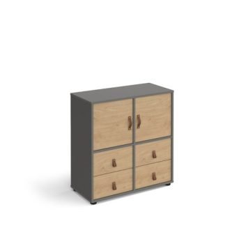 Universal cube storage unit 875mm high on glides with 2 cupboards and 2 sets of drawers - grey with oak inserts - CUBE-BUNDLE-4-OG-KO