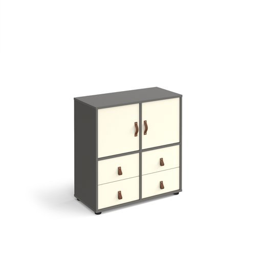 Universal cube storage unit 875mm high on glides with 2 cupboards and 2 sets of drawers - grey with white inserts - CUBE-BUNDLE-4-OG-WH
