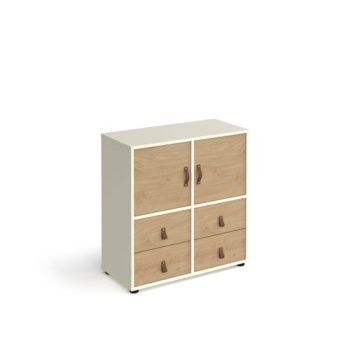 Universal cube storage unit 875mm high on glides with 2 cupboards and 2 sets of drawers - white with oak inserts - CUBE-BUNDLE-4-WH-KO