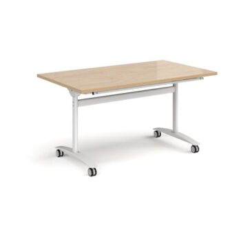 Rectangular deluxe flip top meeting table with white frame 1400mm x 800mm - Kendal oak - DFLP14-WH-KO