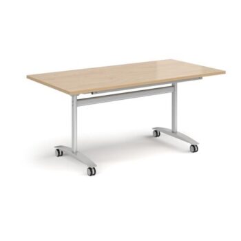 Rectangular deluxe flip top meeting table with silver frame 1600mm x 800mm - Kendal oak - DFLP16-S-KO