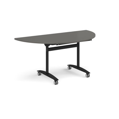 Semi circular deluxe flip top meeting table with black frame 1600mm x 800mm -Onyx Grey - DFLPS-K-OG