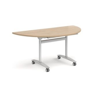 Semi circular deluxe flip top meeting table with silver frame 1600mm x 800mm - Kendal oak - DFLPS-S-KO