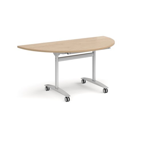 Semi circular deluxe flip top meeting table with silver frame 1600mm x 800mm - Kendal oak - DFLPS-S-KO