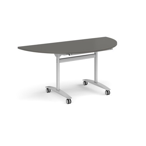 Semi circular deluxe flip top meeting table with silver frame 1600mm x 800mm - Onyx Grey - DFLPS-S-OG