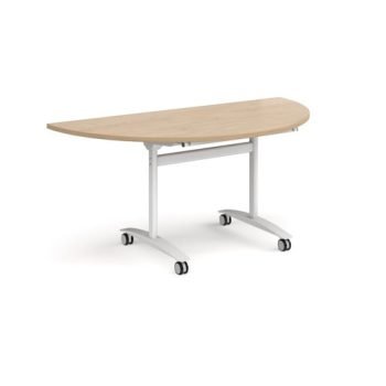 Semi circular deluxe flip top meeting table with white frame 1600mm x 800mm - Kendal oak - DFLPS-WH-KO