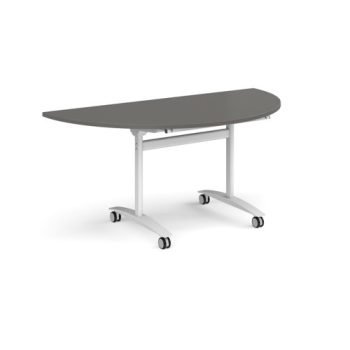 Semi circular deluxe flip top meeting table with white frame 1600mm x 800mm - Onyx Grey - DFLPS-WH-OG