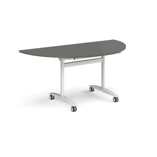 Semi circular deluxe flip top meeting table with white frame 1600mm x 800mm - Onyx Grey - DFLPS-WH-OG