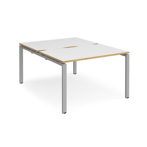 Adapt back to back desks 1200mm x 1600mm - silver frame White Top with oak edging - E1216-S-WO