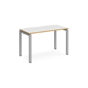 Adapt single desk 1200mm x 600mm - silver frame White Top with oak edging - E126-S-WO