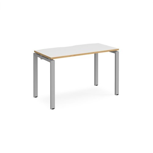 Adapt single desk 1200mm x 600mm - silver frame White Top with oak edging - E126-S-WO
