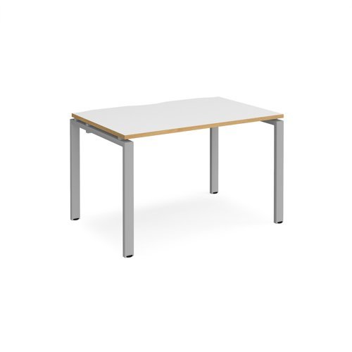 Adapt single desk 1200mm x 800mm - silver frame White Top with oak edging - E128-S-WO