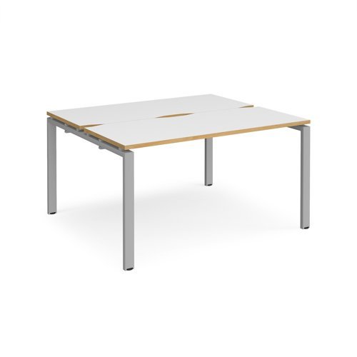 Adapt back to back desks 1400mm x 1200mm - silver frame White Top with oak edging - E1412-S-WO