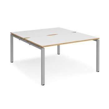 Adapt back to back desks 1400mm x 1600mm - silver frame White Top with oak edging - E1416-S-WO
