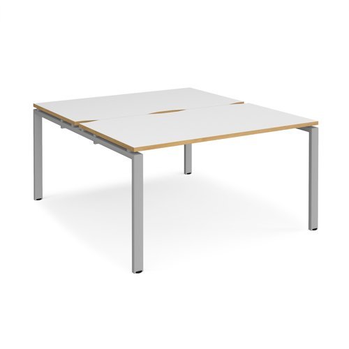 Adapt back to back desks 1400mm x 1600mm - silver frame White Top with oak edging - E1416-S-WO