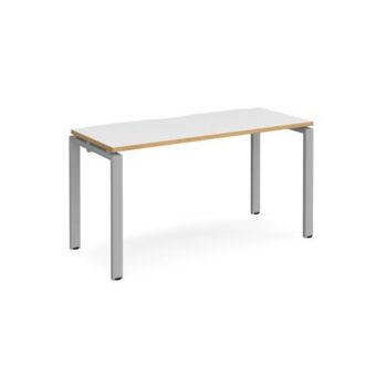 Adapt single desk 1400mm x 600mm - silver frame White Top with oak edging - E146-S-WO