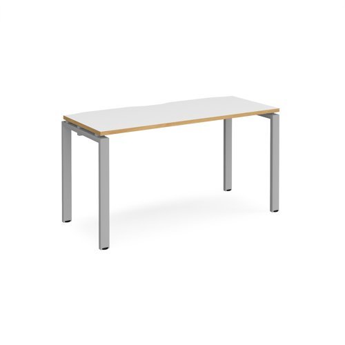 Adapt single desk 1400mm x 600mm - silver frame White Top with oak edging - E146-S-WO