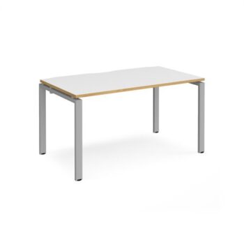 Adapt single desk 1400mm x 800mm - silver frame White Top with oak edging - E148-S-WO
