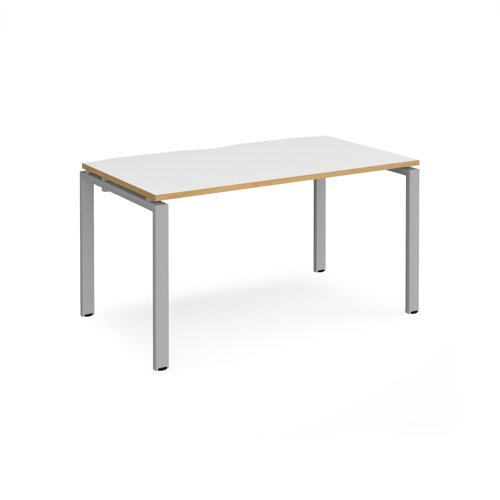 Adapt single desk 1400mm x 800mm - silver frame White Top with oak edging - E148-S-WO
