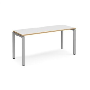 Adapt single desk 1600mm x 600mm - silver frame White Top with oak edging - E166-S-WO