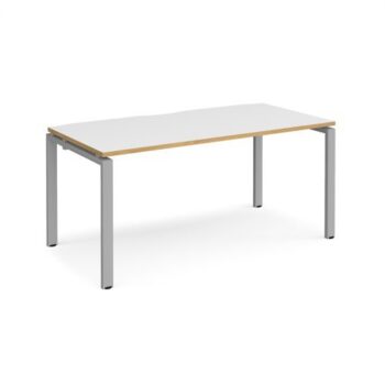 Adapt single desk 1600mm x 800mm - silver frame White Top with oak edging - E168-S-WO