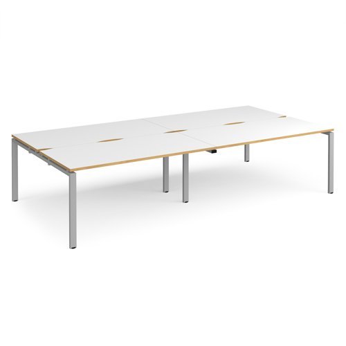 Adapt double back to back desks 3200mm x 1600mm - silver frame White Top with oak edging - E3216-S-WO
