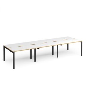 Adapt triple back to back desks 3600mm x 1200mm - black frame White Top with oak edging - E3612-K-WO