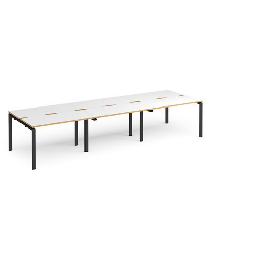 Adapt triple back to back desks 3600mm x 1200mm - black frame White Top with oak edging - E3612-K-WO