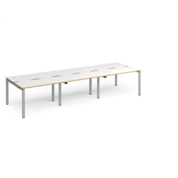 Adapt triple back to back desks 3600mm x 1200mm - silver frame White Top with oak edging - E3612-S-WO