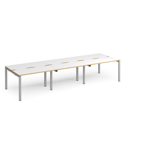Adapt triple back to back desks 3600mm x 1200mm - silver frame White Top with oak edging - E3612-S-WO