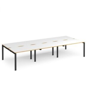 Adapt triple back to back desks 3600mm x 1600mm - black frame White Top with oak edging - E3616-K-WO