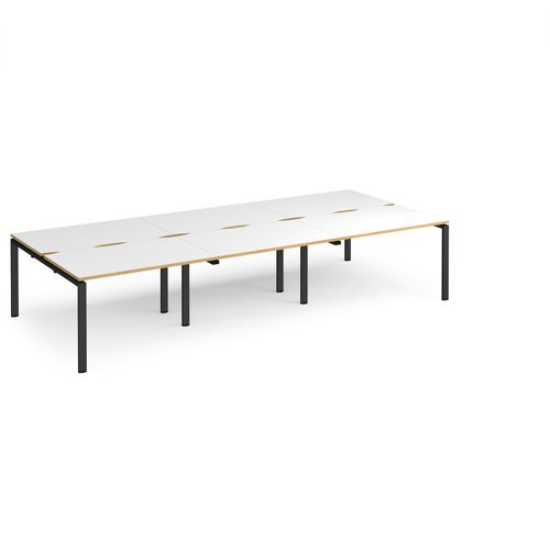 Adapt triple back to back desks 3600mm x 1600mm - black frame White Top with oak edging - E3616-K-WO