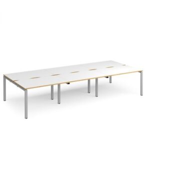 Adapt triple back to back desks 3600mm x 1600mm - silver frame White Top with oak edging - E3616-S-WO