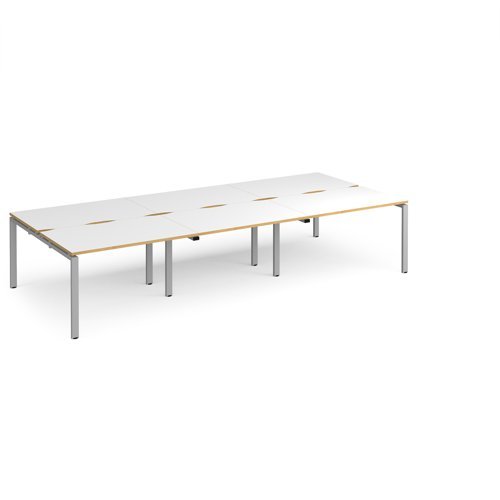 Adapt triple back to back desks 3600mm x 1600mm - silver frame White Top with oak edging - E3616-S-WO