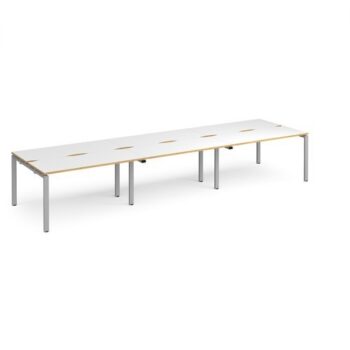 Adapt triple back to back desks 4200mm x 1200mm - silver frame White Top with oak edging - E4212-S-WO
