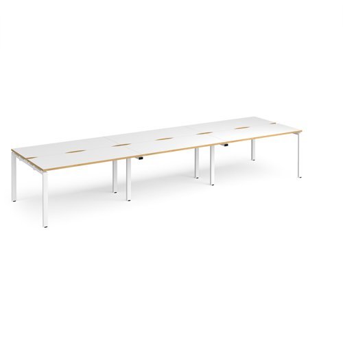 Adapt triple back to back desks 4200mm x 1200mm - white frame White Top with oak edging - E4212-WH-WO