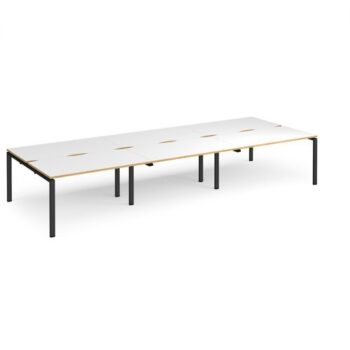 Adapt triple back to back desks 4200mm x 1600mm - black frame White Top with oak edging - E4216-K-WO
