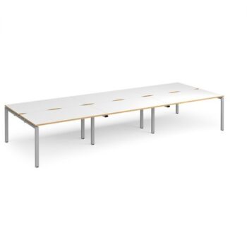 Adapt triple back to back desks 4200mm x 1600mm - silver frame White Top with oak edging - E4216-S-WO