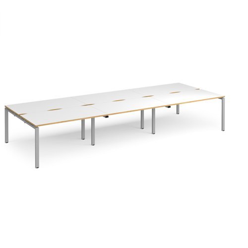 Adapt triple back to back desks 4200mm x 1600mm - silver frame White Top with oak edging - E4216-S-WO