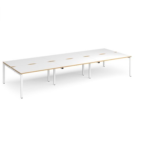 Adapt triple back to back desks 4200mm x 1600mm - white frame White Top with oak edging - E4216-WH-WO