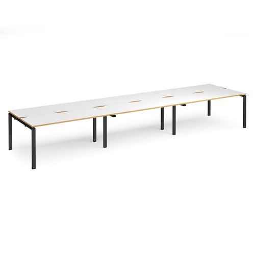 Adapt triple back to back desks 4800mm x 1200mm - black frame White Top with oak edging - E4812-K-WO
