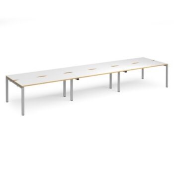 Adapt triple back to back desks 4800mm x 1200mm - silver frame White Top with oak edging - E4812-S-WO
