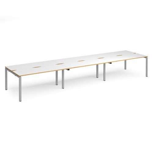 Adapt triple back to back desks 4800mm x 1200mm - silver frame White Top with oak edging - E4812-S-WO
