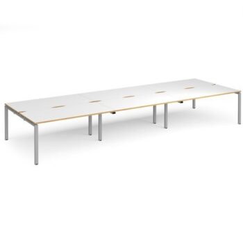 Adapt triple back to back desks 4800mm x 1600mm - silver frame White Top with oak edging - E4816-S-WO