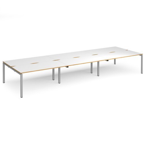 Adapt triple back to back desks 4800mm x 1600mm - silver frame White Top with oak edging - E4816-S-WO