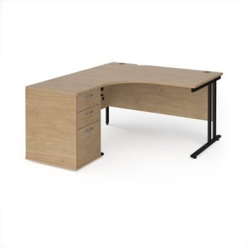 Maestro 25 left hand ergonomic desk 1400mm with black cantilever frame and desk high pedestal - Kendal Oak - EBK14LKO