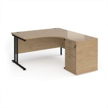 Maestro 25 right hand ergonomic desk 1400mm with black cantilever frame and desk high pedestal - Kendal Oak - EBK14RKO