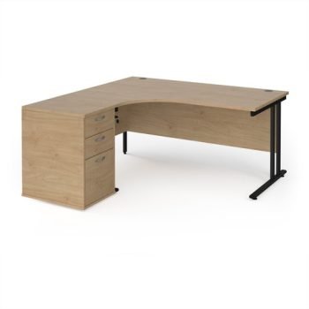 Maestro 25 left hand ergonomic desk 1600mm with black cantilever frame and desk high pedestal - Kendal Oak - EBK16LKO